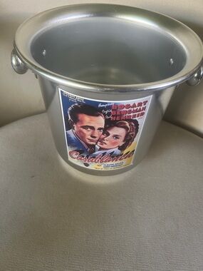 Pottery Barn Silver Metal Ice Bucket with Casablanca Poster Decal